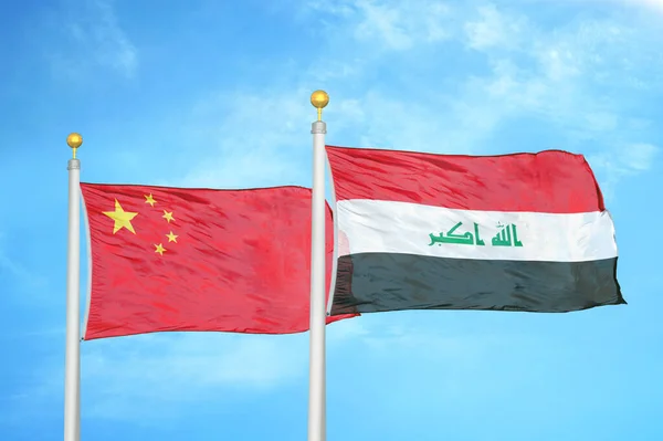 China Iraq Two Flags Flagpoles Blue Cloudy Sky Background — Stock Photo, Image