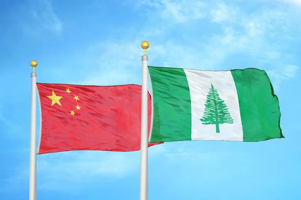 China Norfolk Island Two Flags Flagpoles Blue Cloudy Sky Background — Stock Photo, Image