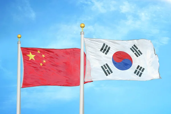 China South Korea Two Flags Flagpoles Blue Cloudy Sky Background — Stock Photo, Image