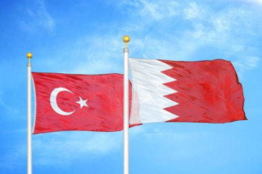 Türkiye ve Bahreyn bayrak direkleri ve mavi bulutlu arka planda iki bayrak