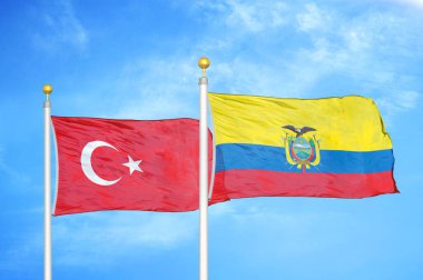 Türkiye ve Ekvador bayrak direkleri ve mavi bulutlu arka planda iki bayrak