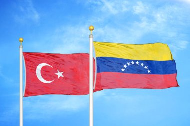Türkiye ve Venezuela bayrak direkleri ve mavi bulutlu arka planda iki bayrak