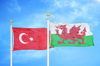 Türkiye ve Galler bayrak direkleri ve mavi bulutlu arka planda iki bayrak