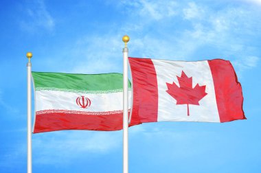 İran ve Kanada bayrak direkleri ve mavi bulutlu arka planda iki bayrak