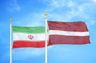 İran ve Letonya bayrak direkleri ve mavi bulutlu arka planda iki bayrak