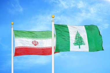 İran ve Norfolk Adası bayrak direkleri ve mavi bulutlu arka planda iki bayrak