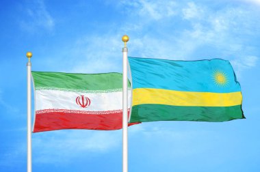 İran ve Ruanda bayrak direkleri ve mavi bulutlu arka planda iki bayrak