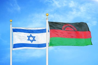 İsrail ve Malawi bayrak direkleri ve mavi bulutlu arka planda iki bayrak