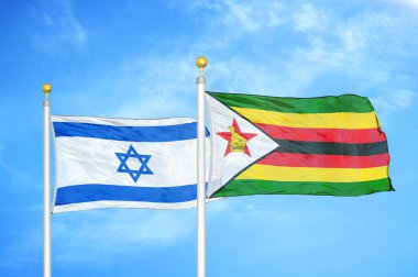 İsrail ve Zimbabwe bayrak direkleri ve mavi bulutlu arka planda iki bayrak
