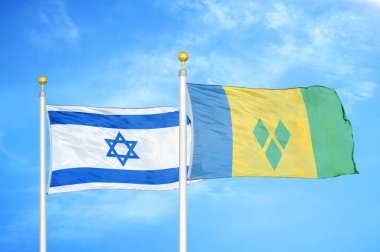 İsrail ve Saint Vincent ve Grenadines bayrak direkleri üzerinde iki bayrak ve mavi bulutlu gökyüzü arka planı