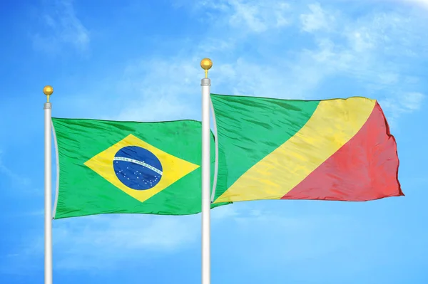 Brazil Congo Two Flags Flagpoles Blue Cloudy Sky Background — Stock Photo, Image