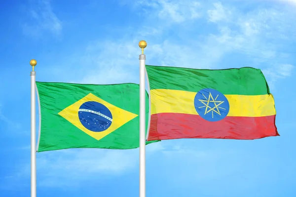 Brazil Ethiopia Two Flags Flagpoles Blue Cloudy Sky Background — Stock Photo, Image