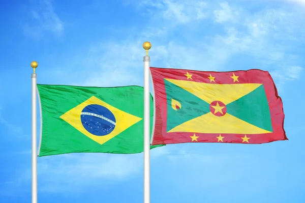 Brazil Grenada Two Flags Flagpoles Blue Cloudy Sky Background — Stock Photo, Image