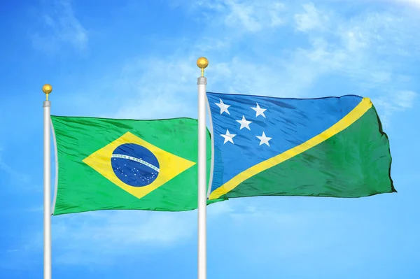 Brazil Solomon Islands Two Flags Flagpoles Blue Cloudy Sky Background — Stock Photo, Image