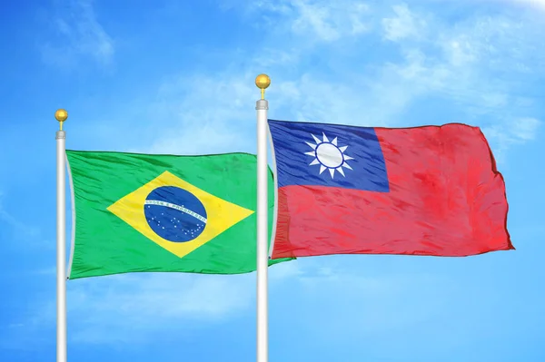 Brazil Taiwan Two Flags Flagpoles Blue Cloudy Sky Background — Stock Photo, Image