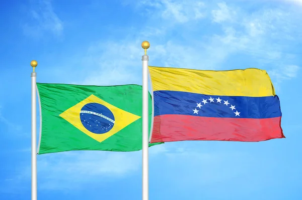 Brazil Venezuela Two Flags Flagpoles Blue Cloudy Sky Background — Stock Photo, Image