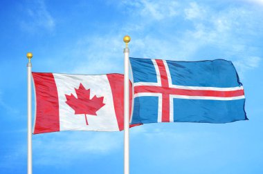 Kanada ve İzlanda bayrak direkleri ve mavi bulutlu arka planda iki bayrak