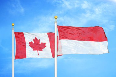 Kanada ve Endonezya bayrak direkleri üzerinde iki bayrak ve mavi bulutlu arka plan