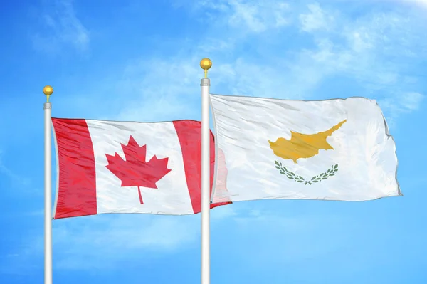 Canada and Cyprus two flags on flagpoles and blue cloudy sky background