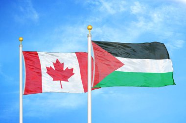 Kanada ve Filistin bayrak direkleri ve mavi bulutlu arka planda iki bayrak
