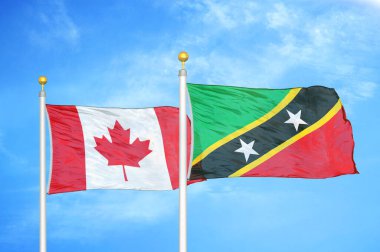 Kanada ve Saint Kitts ve Nevis bayrak direğinde iki bayrak ve mavi bulutlu gökyüzü arkaplanı