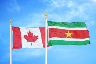 Kanada ve Surinam bayrak direkleri ve mavi bulutlu arka planda iki bayrak