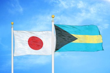 Japonya ve Bahamalar bayrak direkleri ve mavi bulutlu arka planda iki bayrak