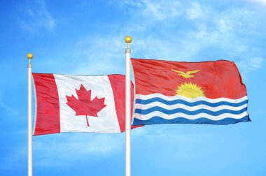 Kanada ve Kiribati bayrak direkleri ve mavi bulutlu arka planda iki bayrak