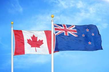 Kanada ve Yeni Zelanda bayrak direkleri ve mavi bulutlu arka planda iki bayrak