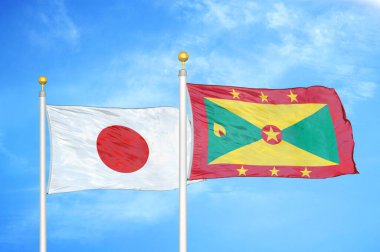 Japonya ve Grenada bayrak direkleri ve mavi bulutlu arka planda iki bayrak