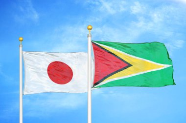 Japonya ve Guyana bayrak direkleri ve mavi bulutlu arka planda iki bayrak