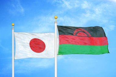Japonya ve Malawi bayrak direkleri ve mavi bulutlu arka planda iki bayrak
