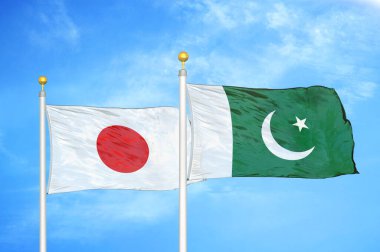 Japonya ve Pakistan bayrak direkleri üzerinde iki bayrak ve mavi bulutlu arka plan