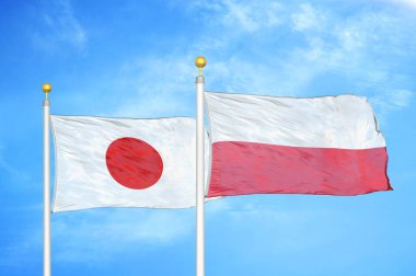 Japonya ve Polonya bayrak direkleri ve mavi bulutlu arka planda iki bayrak