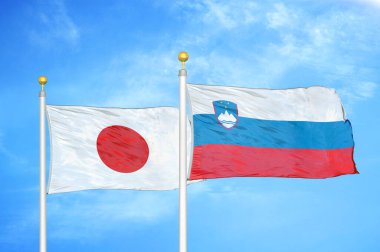 Japonya ve Slovenya bayrak direkleri ve mavi bulutlu arka planda iki bayrak