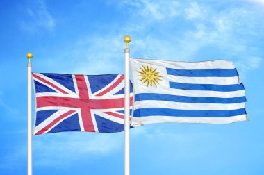 Birleşik Krallık ve Uruguay bayrak direkleri üzerinde iki bayrak ve mavi bulutlu arka plan