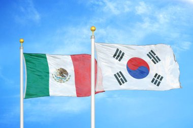 Meksika ve Güney Kore bayrak direkleri ve mavi bulutlu arka planda iki bayrak