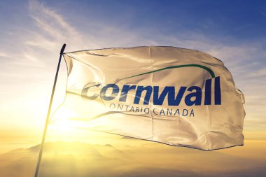 Cornwall of Ontario of Canada flag textile cloth fabric waving on the top sunrise mist fog clipart