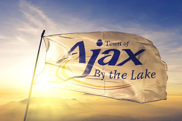 Ajax Ontario Canada Flag Textile Cloth Fabric Waving Top Sunrise — Stock Photo, Image