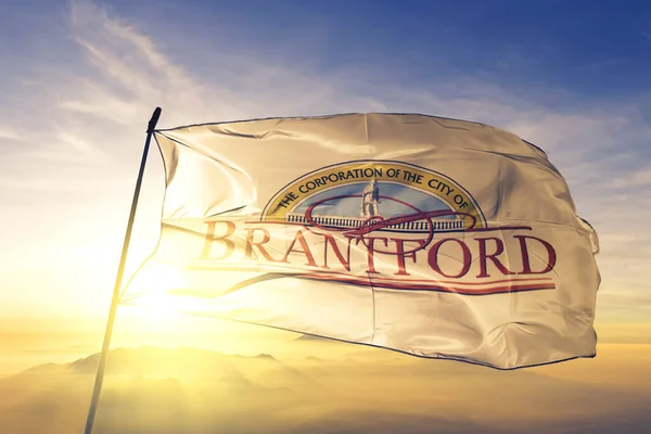 Brantford Ontario Canada Flag Textile Cloth Fabric Waving Top Sunrise — Stock Photo, Image