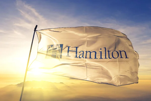 Hamilton Ontario Canada Flag Textile Cloth Fabric Waving Top Sunrise — Stock Photo, Image