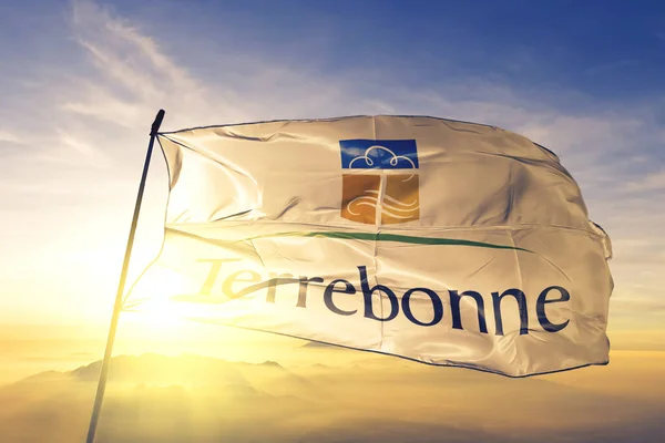 Terrebonne Quebec Canada Flag Textile Cloth Fabric Waving Top Sunrise — Stock Photo, Image