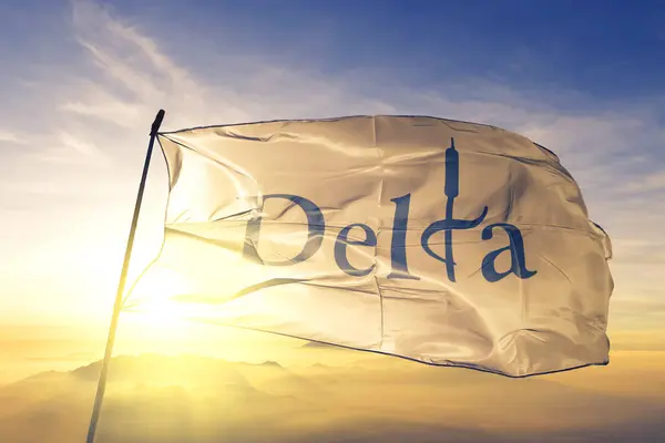 Delta Columbia Británica Canadá Bandera Tela Tela Ondeando Amanecer Niebla — Foto de Stock