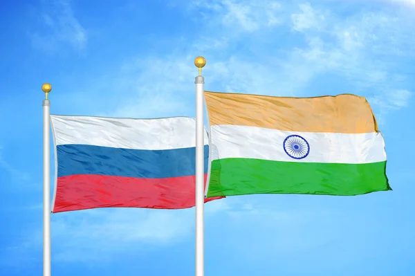 Russia India Two Flags Flagpoles Blue Cloudy Sky Background — Stock Photo, Image