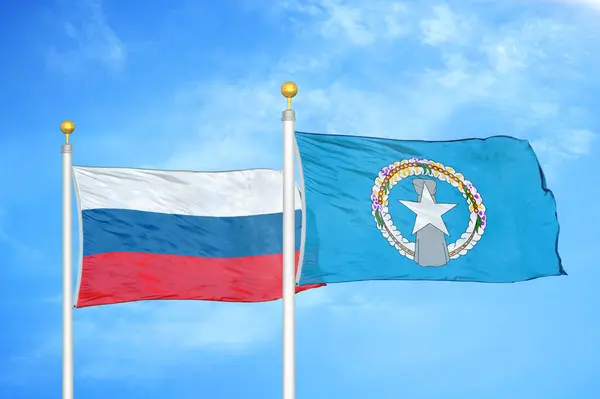 Rusia Islas Marianas Del Norte Dos Banderas Sobre Asta Bandera — Foto de Stock