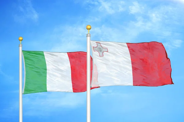 Italy Malta Two Flags Flagpoles Blue Cloudy Sky Background — Stock Photo, Image