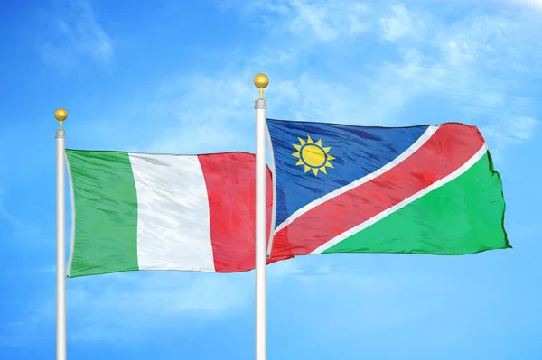 Italy Namibia Two Flags Flagpoles Blue Cloudy Sky Background — Stock Photo, Image