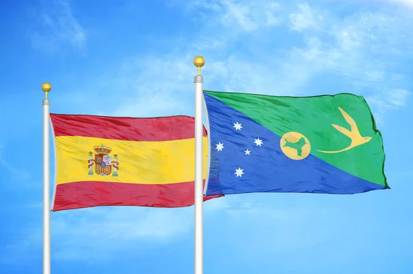 Spain Christmas Island Two Flags Flagpoles Blue Cloudy Sky Background — Stock Photo, Image