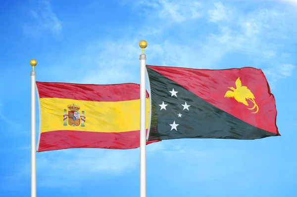 Espanha Papua Nova Guiné Duas Bandeiras Mastins Bandeira Fundo Azul — Fotografia de Stock