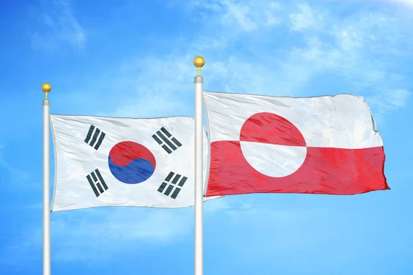 South Korea Greenland Two Flags Flagpoles Blue Cloudy Sky Background — Stock Photo, Image